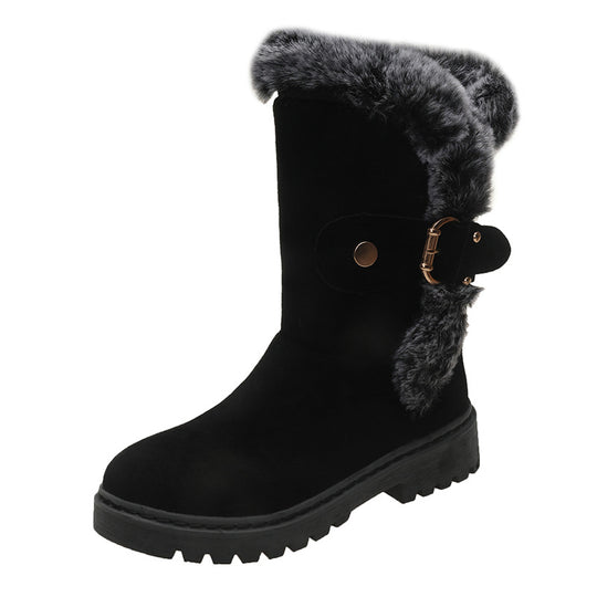 Damen Warmfutter-Stiefel mit modischem Fellkragen und eleganter Schnalle EB