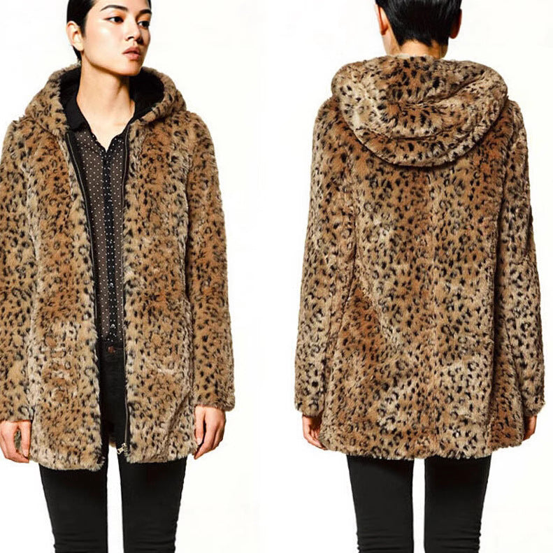 Damen Luxuriöse Kunstpelzjacke mit Leopardenmuster und praktischen Taschen EB