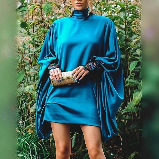 Damen modisches Übergröße Minikleid mit voluminösen Ärmeln und elegantem Stehkragen EB