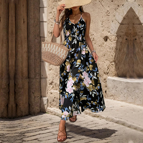 Damen Maxikleid mit floralem Design und hohem Beinschlitz EB