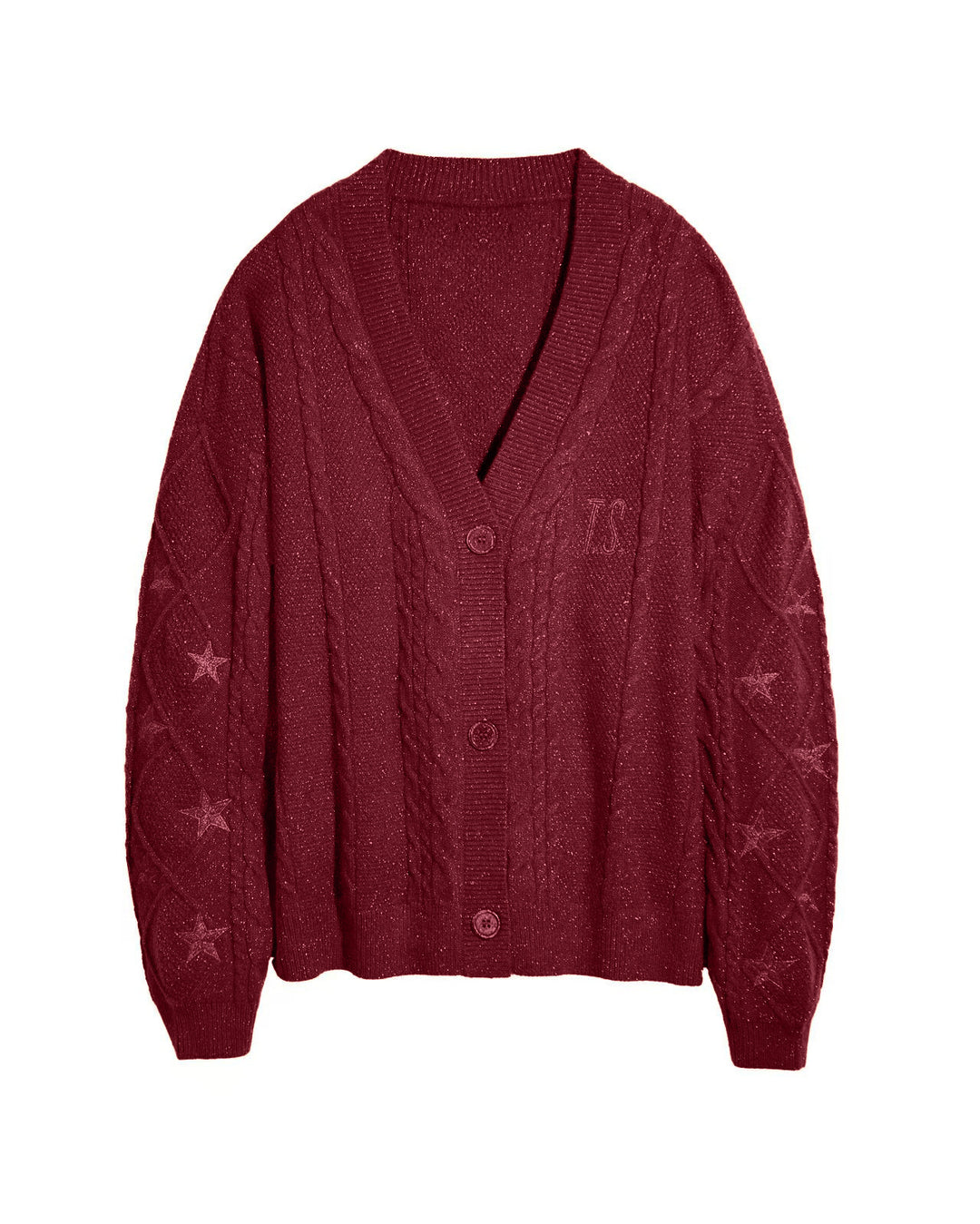 Damen nan großzügiger Grobstrick-Cardigan mit Zopfmuster, V-Ausschnitt und Sternstickereien EB