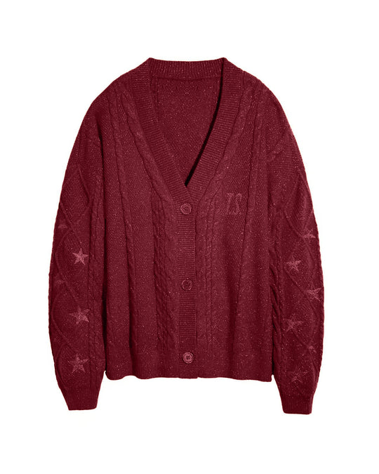 Damen nan großzügiger Grobstrick-Cardigan mit Zopfmuster, V-Ausschnitt und Sternstickereien EB