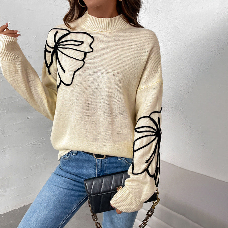 Damen Strickpullover mit floralem Design und hohem Kragen EB