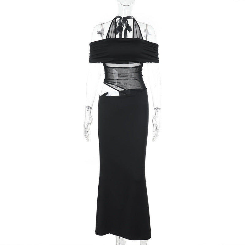 Damen schulterfreies, elegantes Maxikleid mit transparenten Einsätzen und Rüschendetails EB