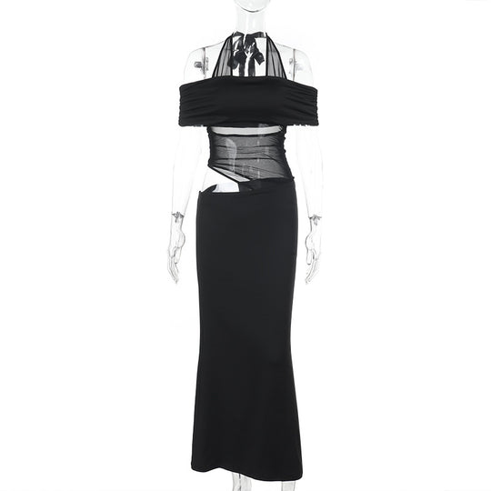 Damen schulterfreies, elegantes Maxikleid mit transparenten Einsätzen und Rüschendetails EB