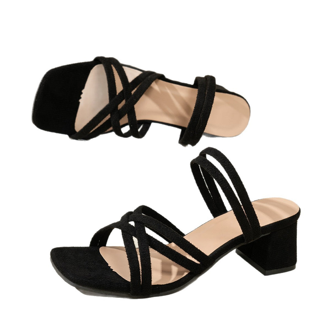 Damen Modische Sandalen mit dekorativen Kreuzriemen und Blockabsatz EB