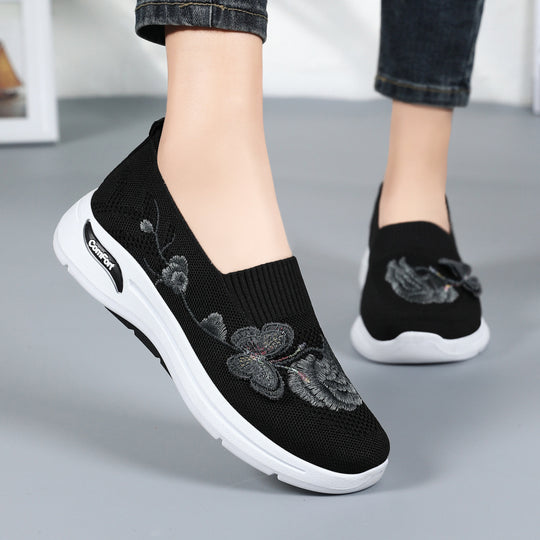 Damen nan gestrickter Slip-On Slipper mit 3D-Blumenstickerei und ergonomischer Komfort-Zwischensohle EB