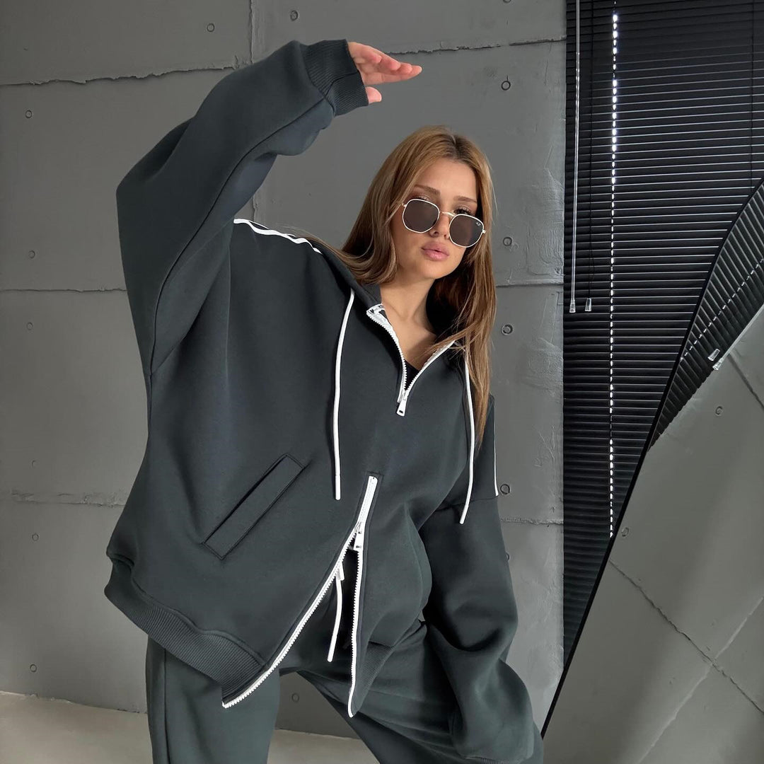 Damen Stylish Hoodie mit doppeltem Reißverschluss und lässigem Schnitt EB