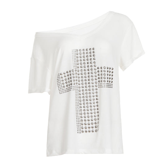 Damen stylisches Oversized T-Shirt mit Kreuz-Print und Glitzerdetails EB