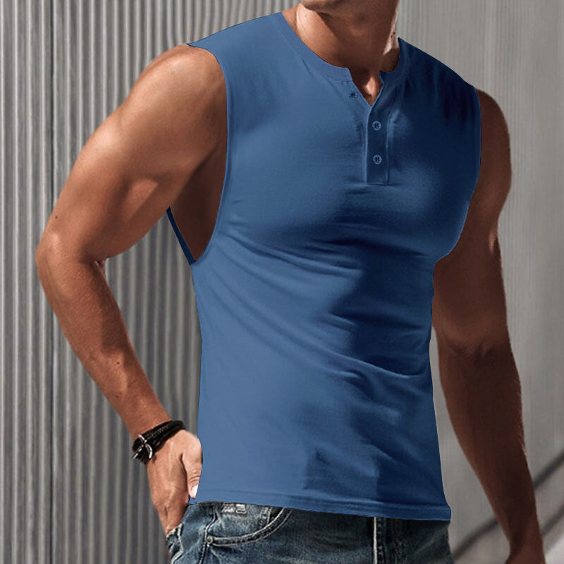 Herren nan ärmelloses Muskelshirt mit Henley-Knopfleiste, tiefem Armausschnitt und elastischem Baumwollmix EB