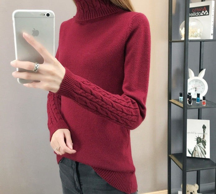 Damen Feinstrickpullover mit hohem Kragen und Zopfmuster EB