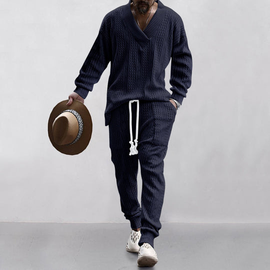 Herren nan grobes Strick-Loungewear-Set mit tiefem V‑Ausschnitt, Kordelzughose und Rippbündchen EB