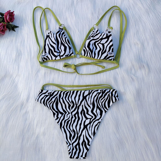 Damen Minimalistisches Triangel-Bikini-Set mit Zebramuster EB