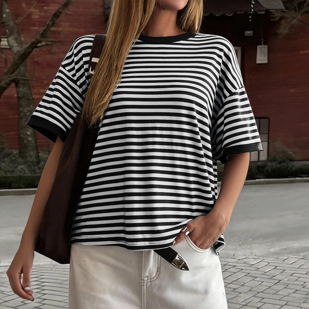 Damen Oversized Streifen-T-Shirt mit Kurzarm und Rundhalsausschnitt EB