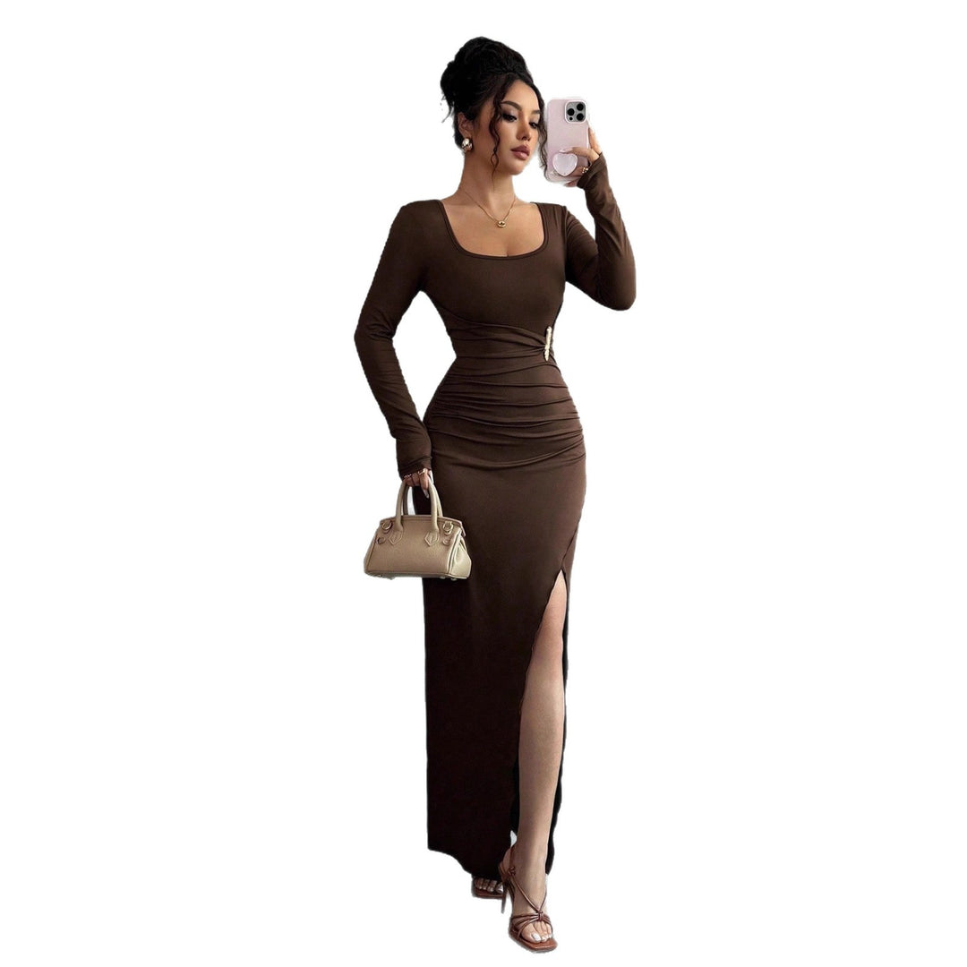 Damen nan körpernahes Maxikleid mit Quadratausschnitt, taillierter Raffung und hohem Seitenschlitz EB