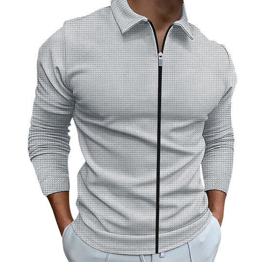 Herren nan texturiertes Slim-Fit Langarm-Poloshirt mit Frontreißverschluss und Hemdkragen EB