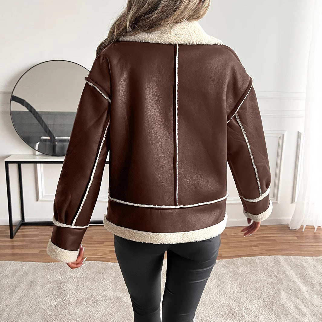 Damen stylische Kunstlederjacke mit Schaffellkragen EB