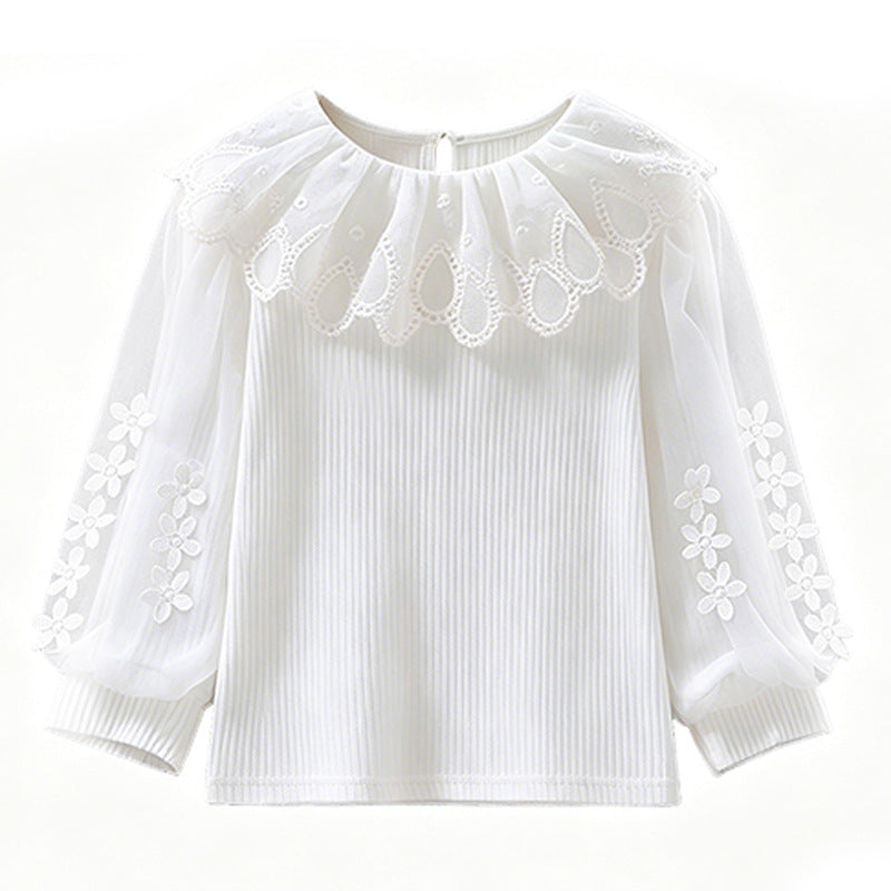 Mädchen Bluse mit romantischem Spitzenkragen und transparenten Puffärmeln EB