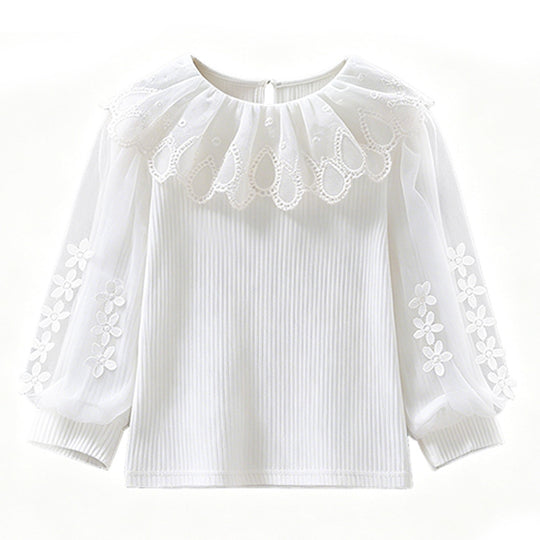 Mädchen Bluse mit romantischem Spitzenkragen und transparenten Puffärmeln EB