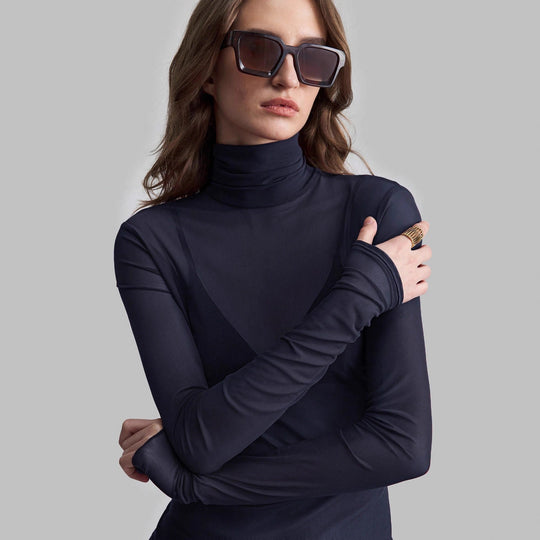 Damen nan feines transparentes Mesh-Langarmtop mit Rollkragen und figurbetonter Passform EB