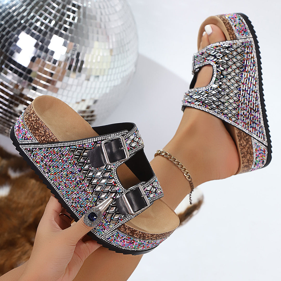 Damen Komfortable Sandalen mit dekorativen Schnallen und buntem Glitzerdesign EB