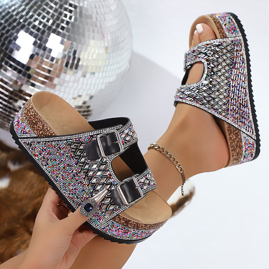 Damen Komfortable Sandalen mit dekorativen Schnallen und buntem Glitzerdesign EB
