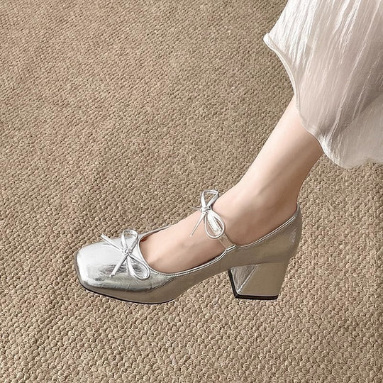 Damen Elegante Pumps mit zarter Schleifenverzierung und glitzernder Oberfläche EB
