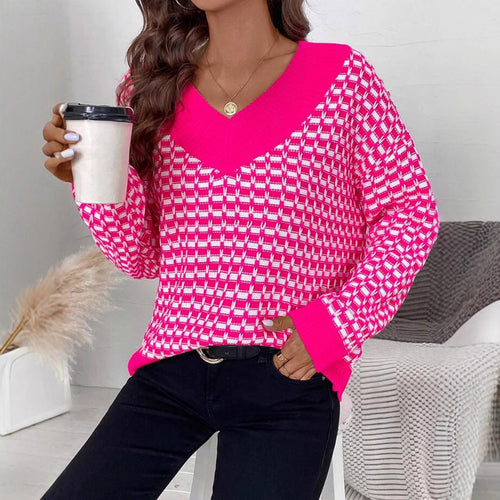 Damen Strickpullover mit V-Ausschnitt und modernem Karomuster EB