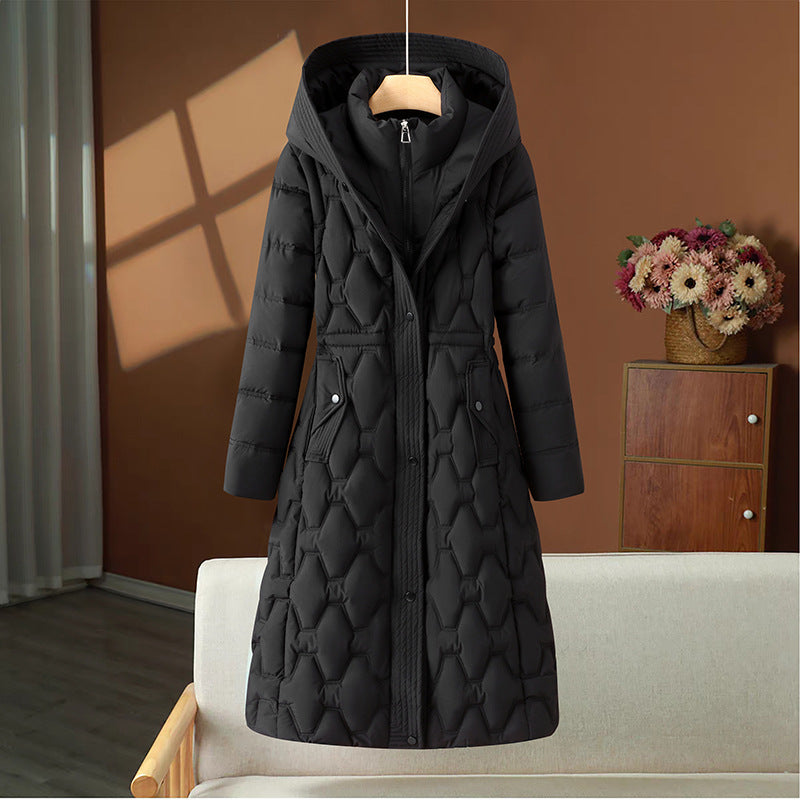 Damen nan langer gesteppter Wintermantel mit Kapuze und taillierter Silhouette EB