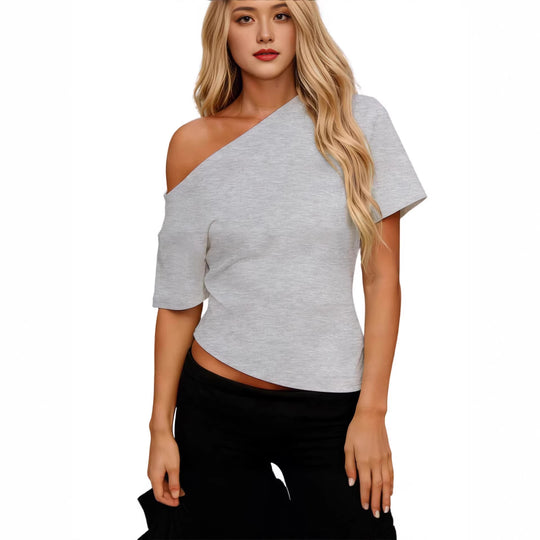 Damen asymmetrisches Oberteil mit schulterfreiem Design und kurzen Ärmeln EB