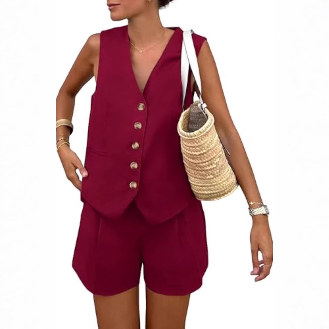 Damen elegantes Jumpsuit-Set mit tailliertem Schnitt und dekorativen Knopfdetails EB