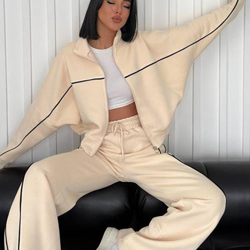 Damen nan Oversize Trainingsanzug Set mit Reißverschluss hohem Kragen und Kontrastpaspeln EB