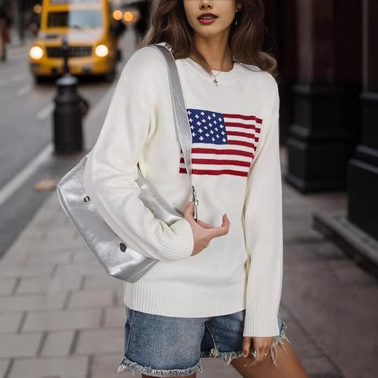 Damen Strickpullover mit Flaggenmotiv und lässigem Schnitt EB
