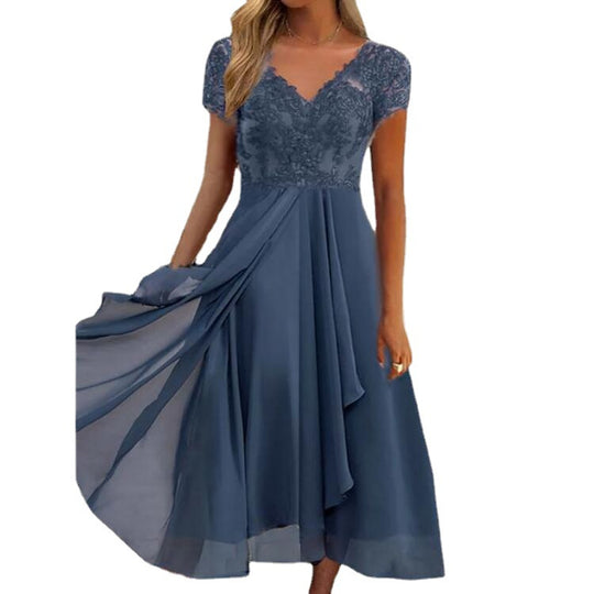 Damen Maxikleid mit elegantem Spitzeneinsatz und fließendem Rock Heidi-Mode