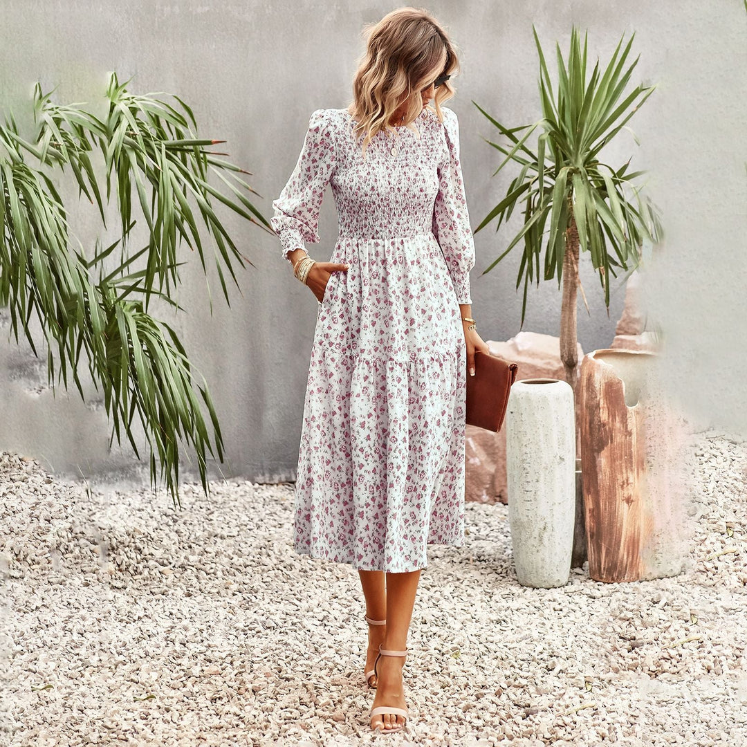 Damen Florales Midi-Kleid mit Geraffter Taille und Langen Ärmeln EB