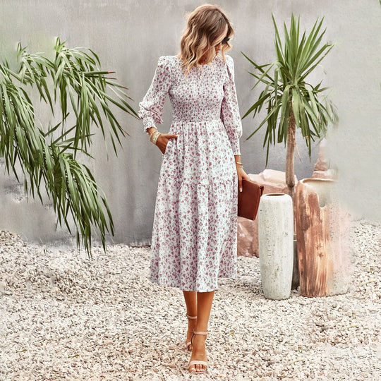 Damen Florales Midi-Kleid mit Geraffter Taille und Langen Ärmeln EB