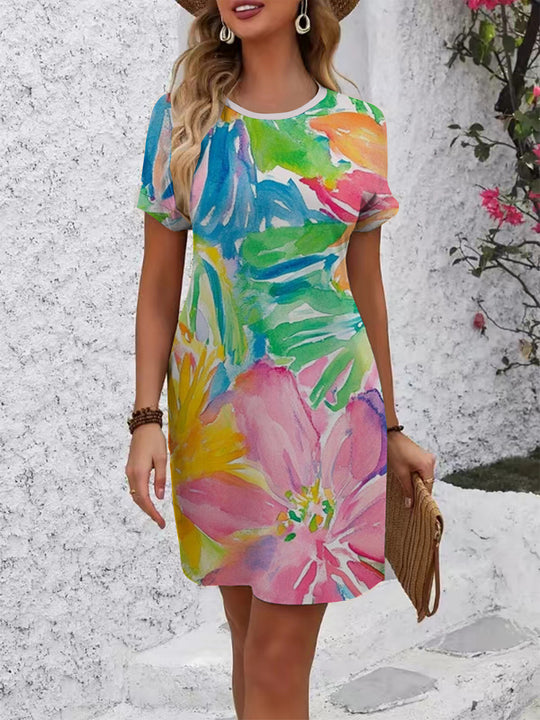 Damen komfortables Freizeitkleid mit lebhaftem Blumenmuster und lockerer Passform EB