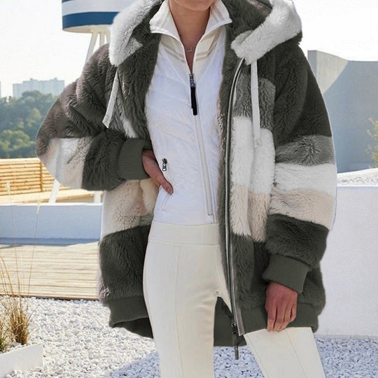 Damen nan Oversize Teddyfell-Kapuzenjacke mit Farbblock-Streifen, hochwertigem Reißverschluss und gerippten Bündchen EB