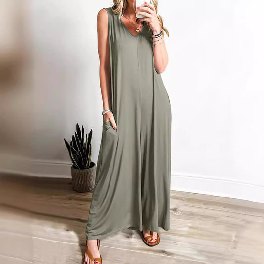 Damen ärmelloses Maxikleid mit seitlichen Taschen und fließender Silhouette EB