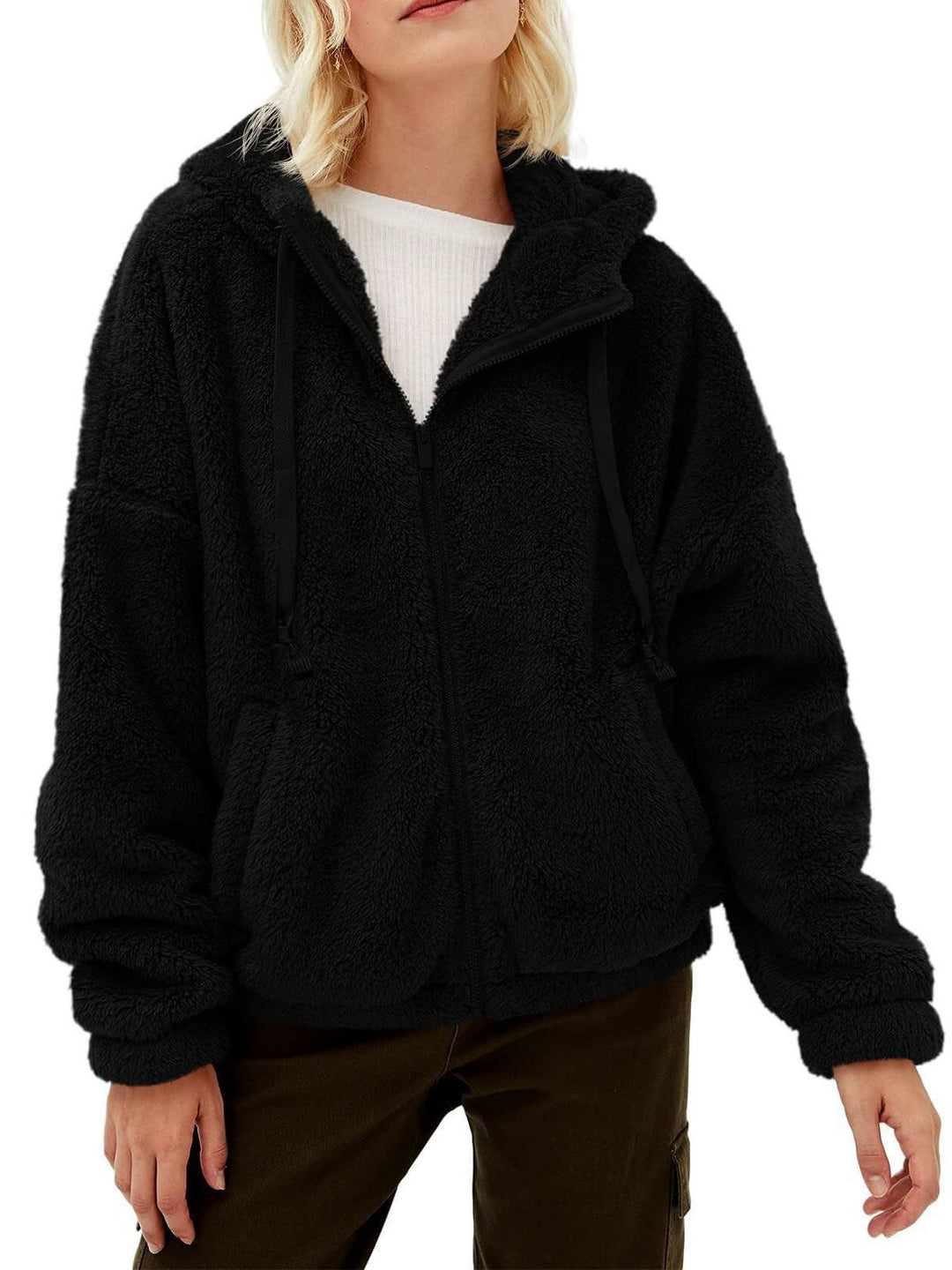 Damen Flauschige Plüschjacke mit Kapuze und Frontreißverschluss EB