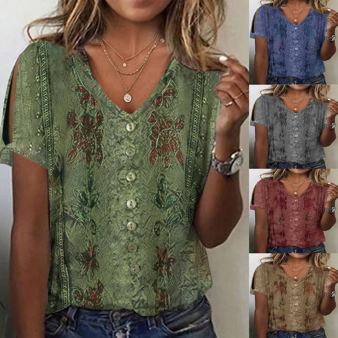 Damen V-Ausschnitt Bluse mit floralen Details und Knopfverschluss EB