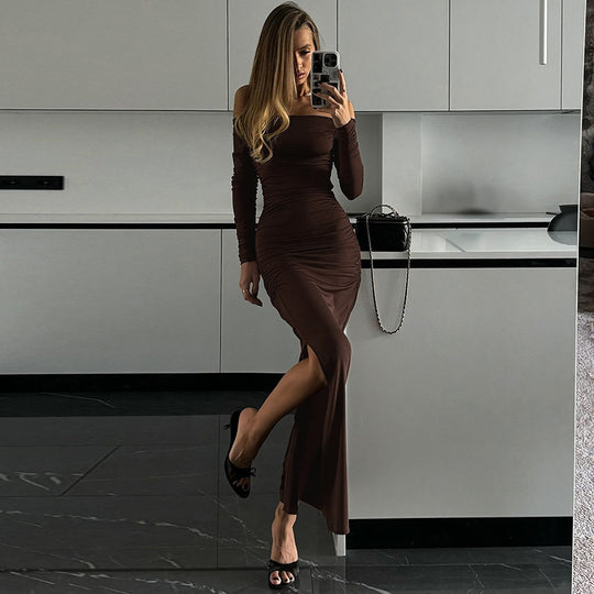 Damen figurbetontes Maxikleid mit Raffungen und elegantem Schlitz EB