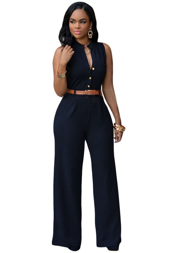 Damen Eleganter Jumpsuit mit Gürtel und Knopfdetail EB