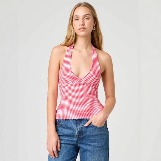 Damen Halter-Top mit Punktmuster und V-Ausschnitt EB