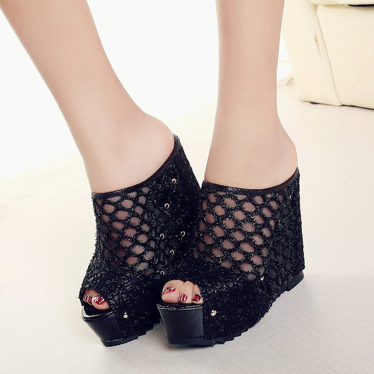 Damen Plateau-Mules mit modischem Schleifen-Design und funkelnden Akzenten EB