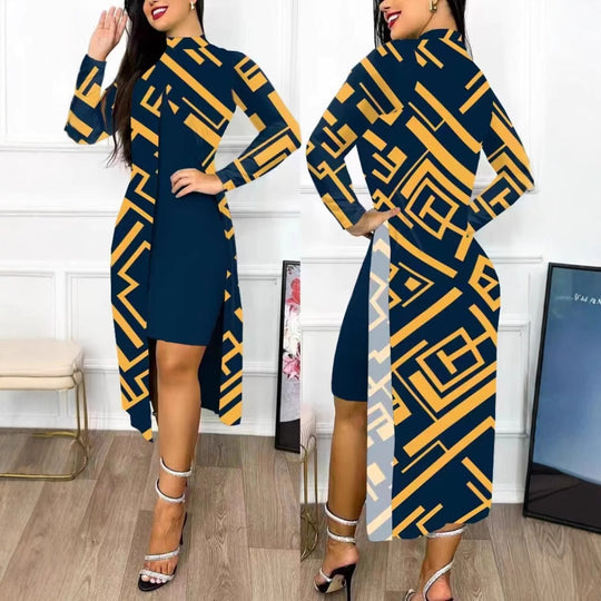 Damen elegantes Maxikleid mit asymmetrischem Schnitt und Grafischem Muster EB