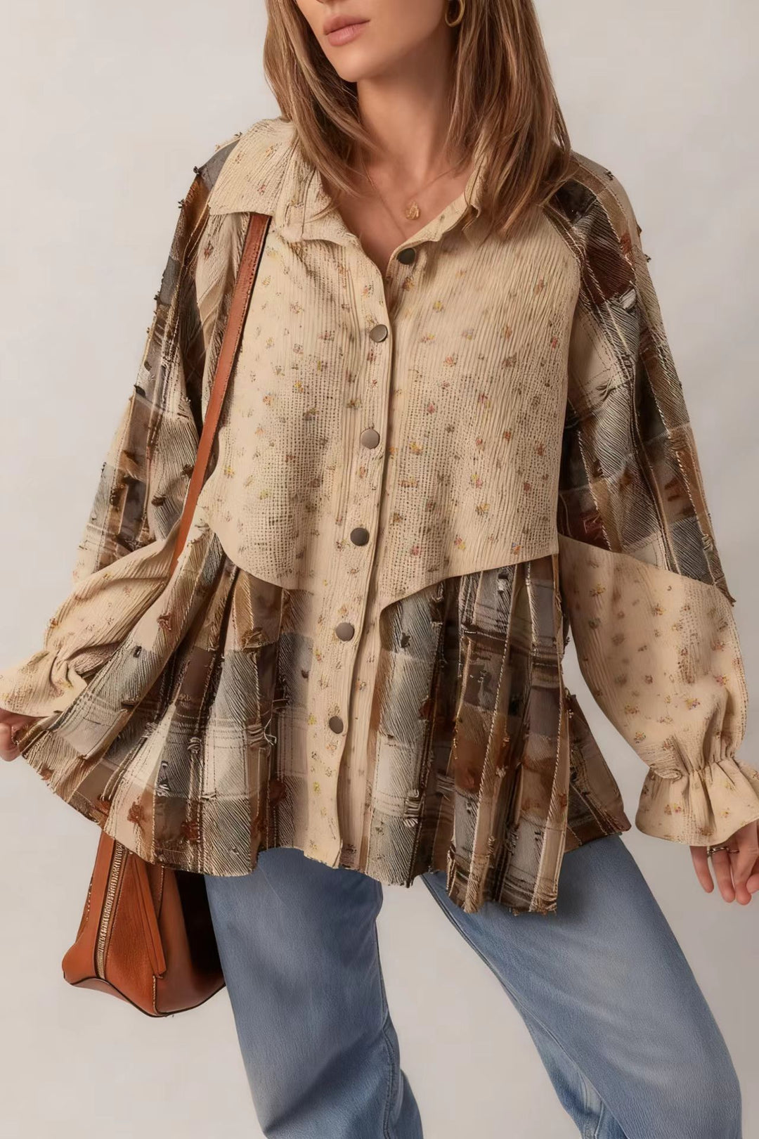 Damen Patchwork-Bluse-Jacke mit plissiertem Saum und Knopfleiste EB