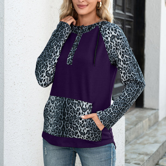 Damen Kapuzenpullover mit Leopardenmuster und Kängurutasche EB