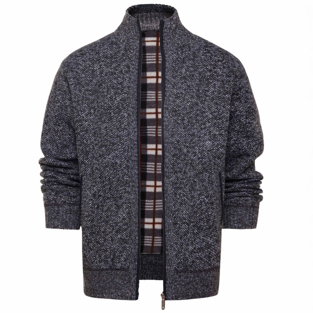 Herren gebürstete Strickjacke mit kariertem Thermofutter und Stehkragen EB