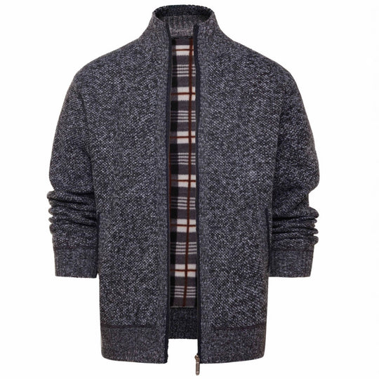 Herren gebürstete Strickjacke mit kariertem Thermofutter und Stehkragen EB
